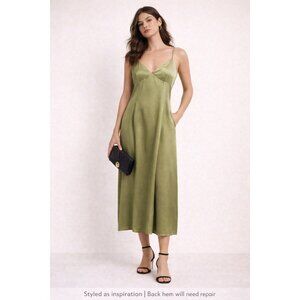 WAYF Olive Green Satin Slip Dress Size Large Midi Maxi Adjustable Straps
